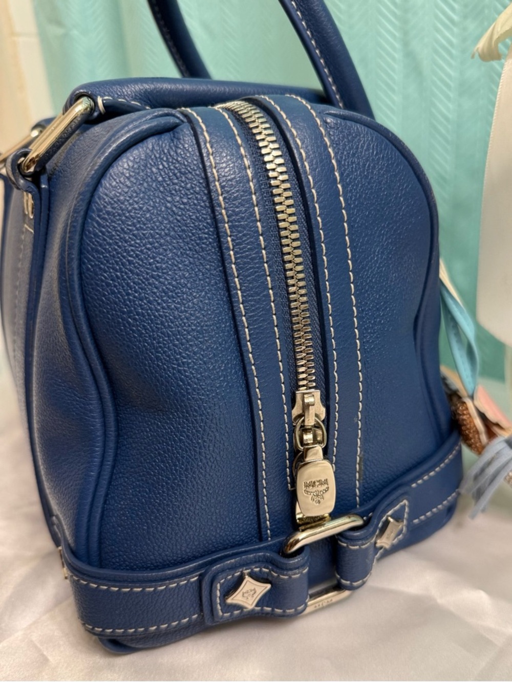 Like New - MCM Blue Leather Boston Satchel - Picture 8 of 8